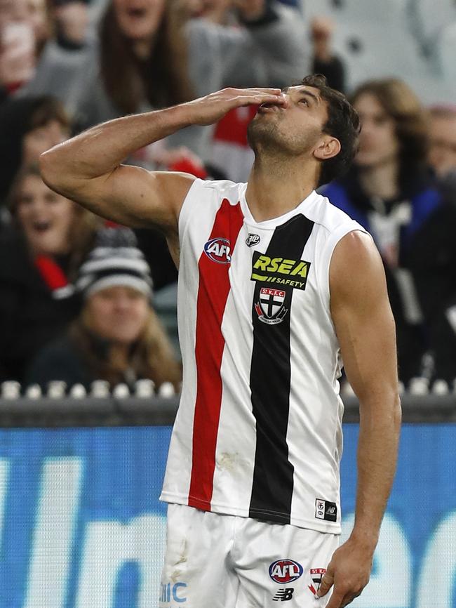 Paddy Ryder gave a touching tribute to his uncle after kicking a goal against Collingwood. Picture: Darrian Traynor/Getty Images