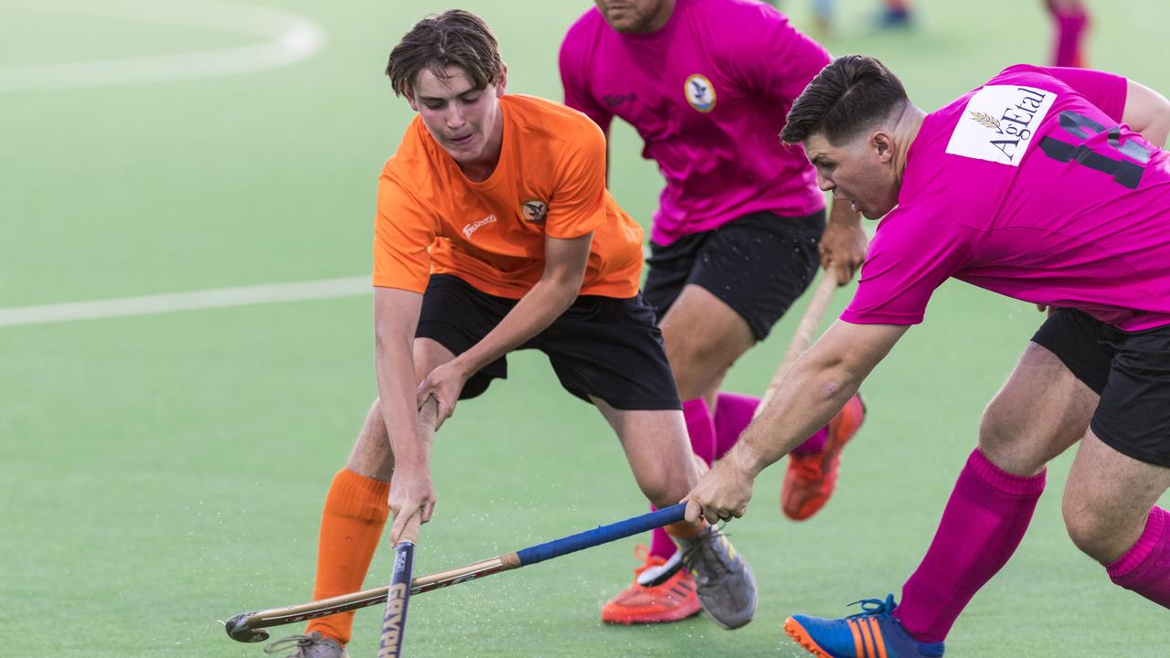 HSR Hot Shots player William Ready (left) and James Lush of Agetal Farmers in Club Glenvale Challenge. Picture: Kevin Farmer