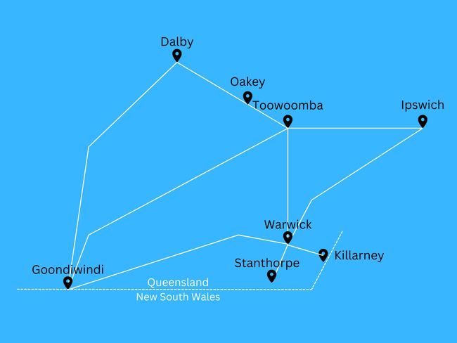 Simplified map showing major highway routes throughout the Darling Downs Regions.