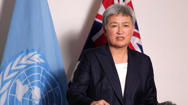 Australia's foreign Minister Penny Wong speaking to media in New York about a proposed UN declaration on the protection of humanitarian workers. Senator Wong is in the US to lead Australia's delegation to the 79th session of the United Nations General Assembly from September 23-27. Photo: Andrew Kelly