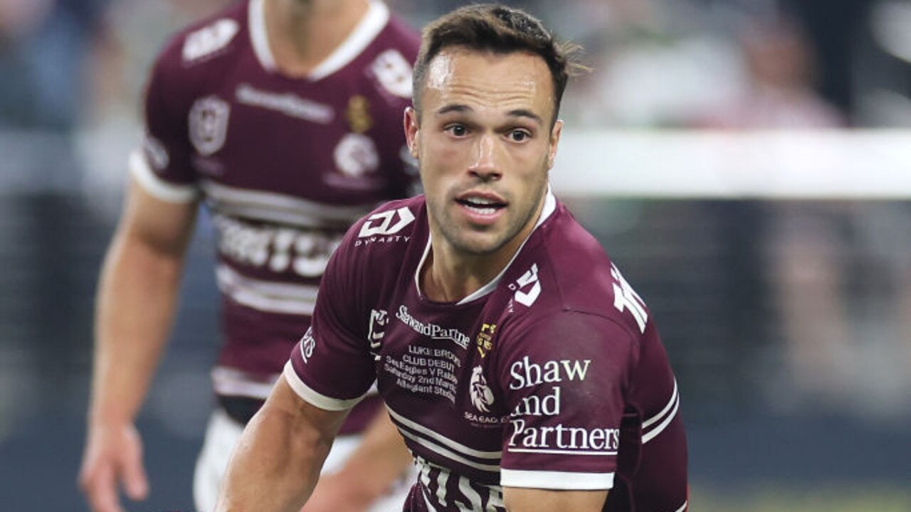 LAS VEGAS, NEVADA - MARCH 02: Luke Brooks of the Sea Eagles runs the ball during the round one NRL match between Manly Sea Eagles and South Sydney Rabbitohs at Allegiant Stadium, on March 02, 2024, in Las Vegas, Nevada. (Photo by Ezra Shaw/Getty Images)