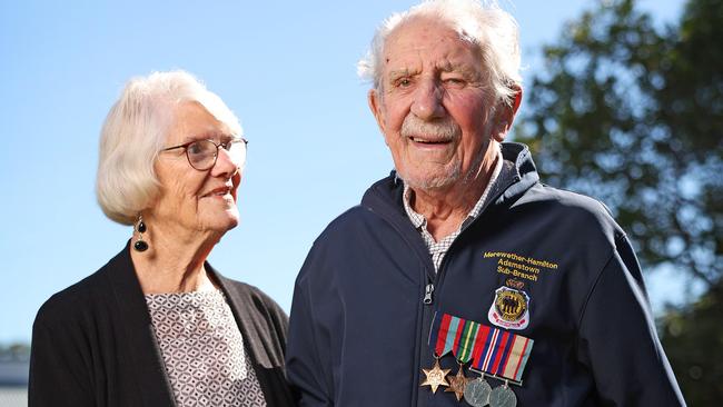 Ninety-nine-year-old WWII Veteran Donald Downie with wife Gweneth. They have been happily married for 74 years. Picture: Tim Hunter.