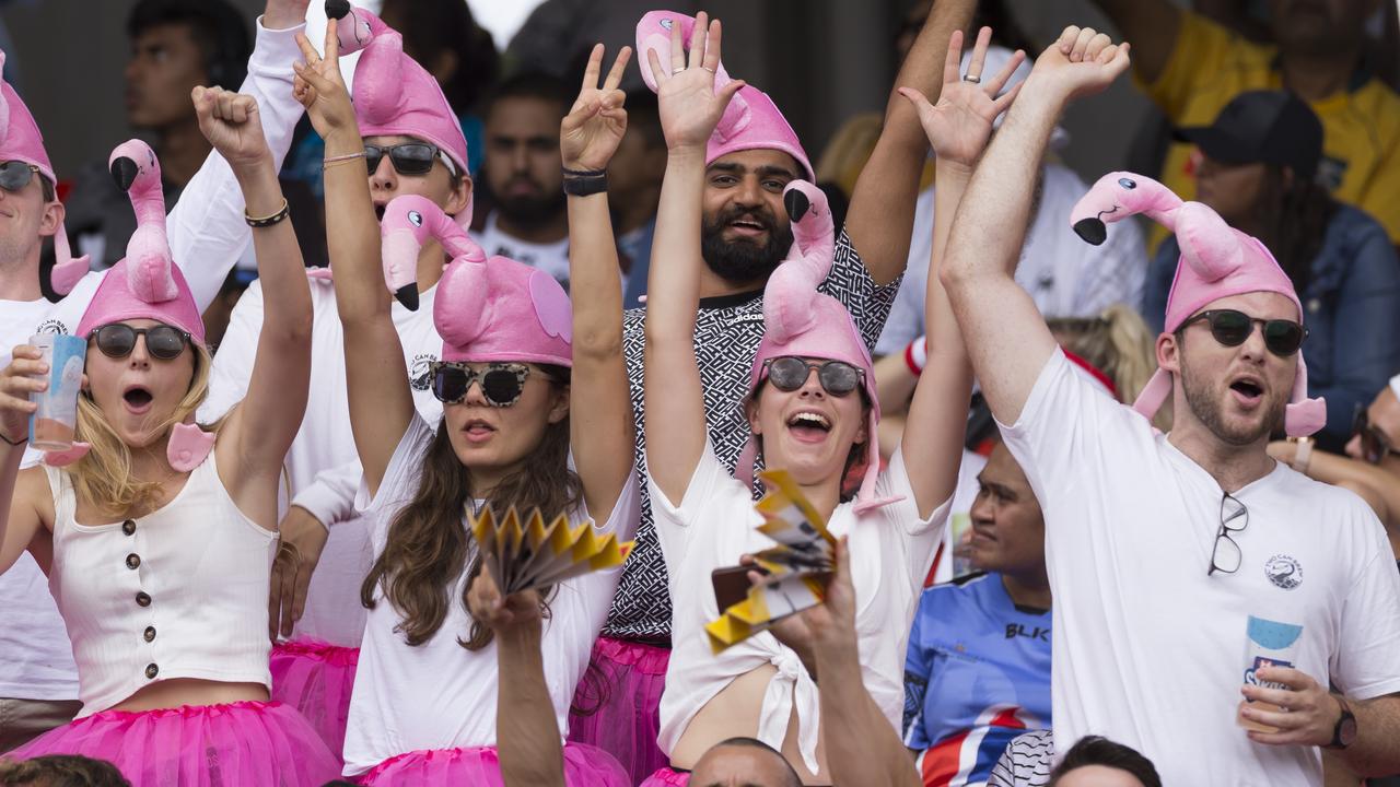 Flamingo fans enjoy the 2019 Sydney Sevens at Spotless Stadium.