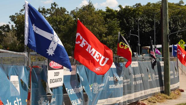 CFMEU blocking workers at the site of the Cross River Rail station Dutton Park. Picture: Liam Kidston