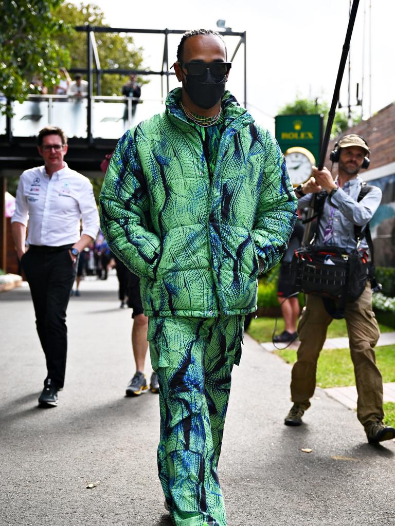 This is a unique jacket and pant combo at the 2022 Melbourne grand prix. Photo: Clive Mason/Getty Images