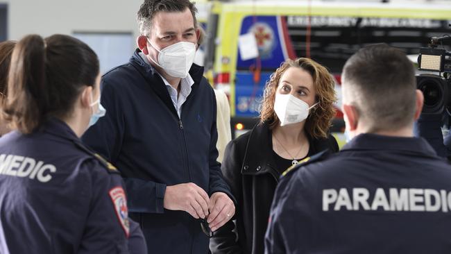 Premier Daniel Andrews meets trainee paramedics at the Ambulance Victoria training centre at Dandenong South. Picture: Andrew Henshaw