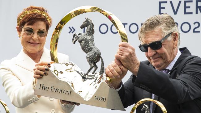 SYDNEY, AUSTRALIA - OCTOBER 17: (L-R) Kerrin McEvoy, Carmel Size and Les Bridge are seen at a trophy presentation after winning race 7 the TAB Everest during Sydney Racing at Royal Randwick Racecourse on October 17, 2020 in Sydney, Australia. Crowd limits were increased for The Everest race day with almost 11,000 people allowed to attend following approval of COVID-safe plans submitted to the NSW government. (Photo by Jenny Evans/Getty Images)