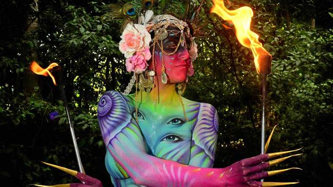 Angela Aura models Ryan Cribbin&#39;s "Lucid Dreams” body art work. Picture: John McCutcheon