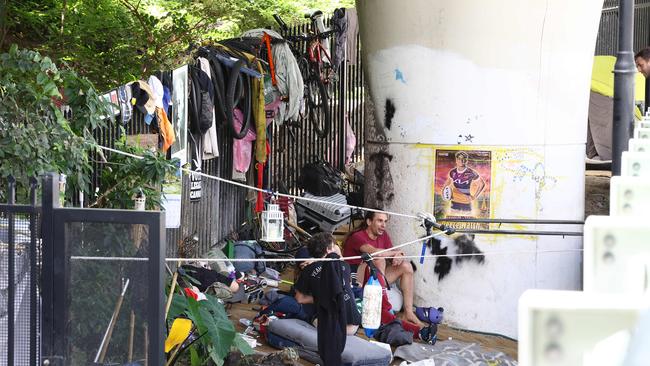 Homeless people living rough along the Bicentennial Bikeway, from Victoria Bridge though to William Jolly Bridge, in Brisbane. Picture: David Clark