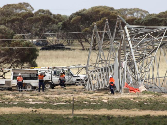 A Large Transmission tower has fallen over near Tailem Bend, South Australia. Until it is repaired there will be no power flowing to or from Victoria. 14 November 2022. Picture Dean Martin