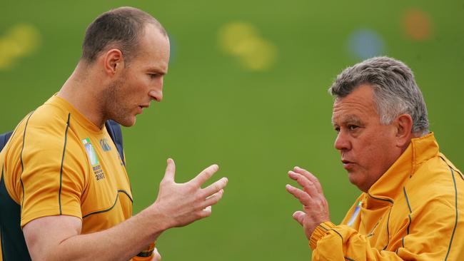 John Connolly as Wallabies coach with Stirling Mortlock during a Wallabies training session at Coogee Oval in Sydney, 2007.