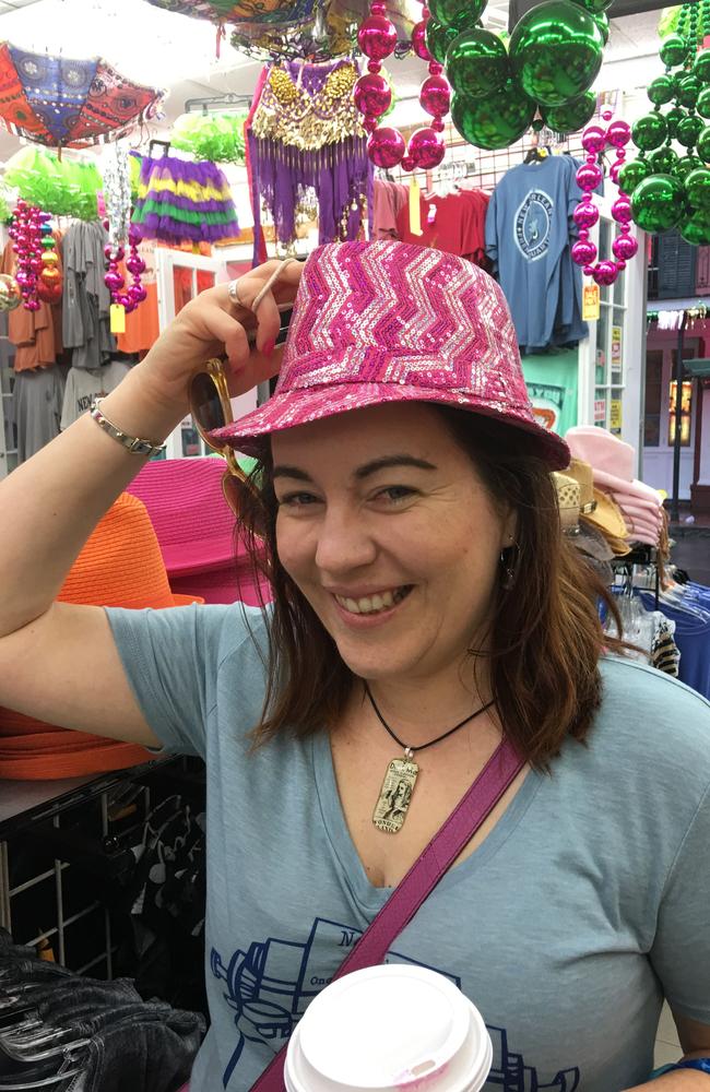 More than a party town ... Rachael Johns gets a jazzy hat in New Orleans