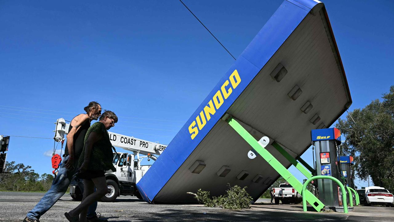 A rooftop of a Sunoco petrol station destroyed by Hurricane Helene after making landfall is seen in Perry, Florida, on September 27, 2024. Picture: AFP