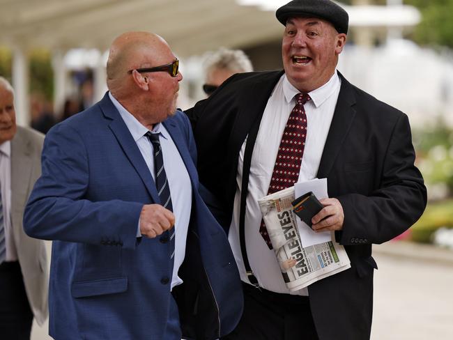 Punters share a laugh before the racing starts. Picture: Sam Ruttyn