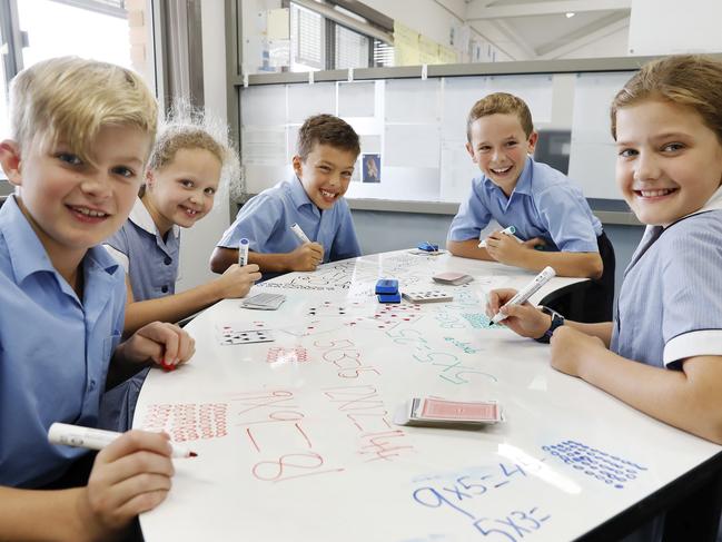 Students (L-R) Fletcher Holmewood, Maddy Ayliffe, Joshua Bignold, Zachary Burton and Molly Sinclair as St Cecilia’s Catholic Primary School in NSW. Picture: Toby Zerna