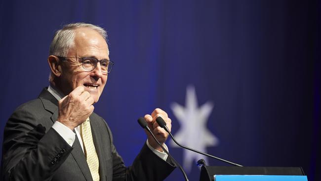 Australian Prime Minister Malcolm Turnbull addressing the State Liberal Party Conference in Perth on Saturday. Picture: AAP Image/Aaron Bunch.