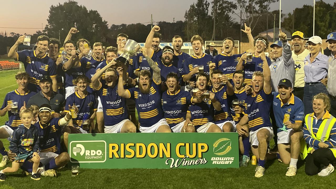 Dalby Wheatmen celebrate winning the 2024 Risdon Cup on Downs Rugby grand final day.