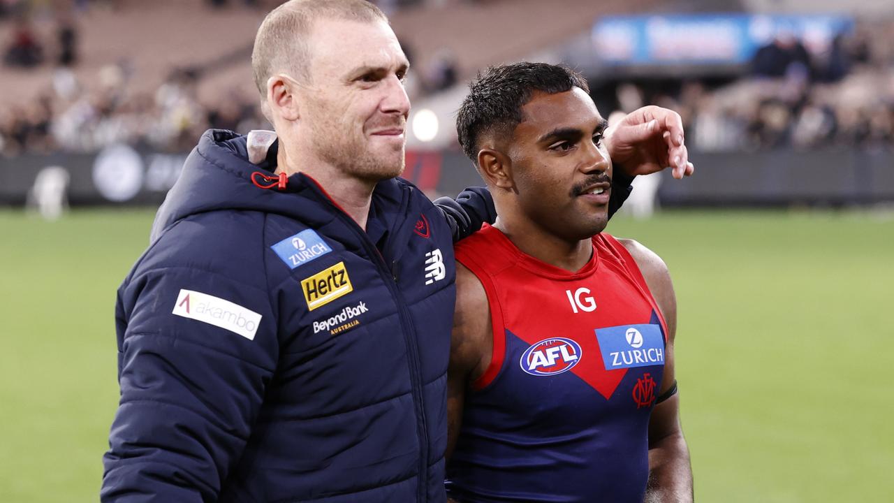 Melbourne fans hope there are more good times ahead for coach Simon Goodwin and Kysaiah Pickett. Picture: Darrian Traynor/Getty Images