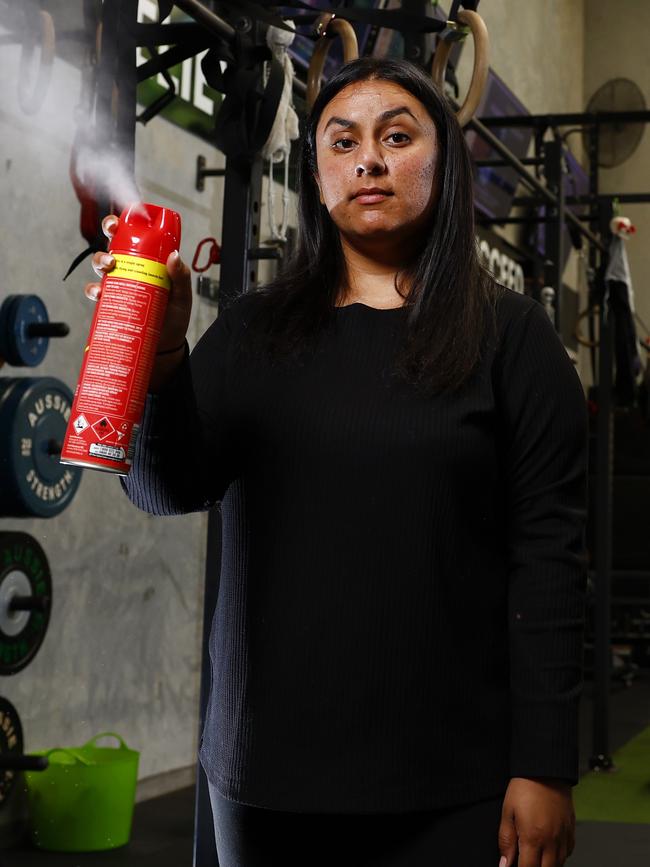 Tanya Kaur, who co-owns the U8F Gym in Chipping Norton that has been inundated with mozzies, takes matters into her own hands. Picture: Jonathan Ng