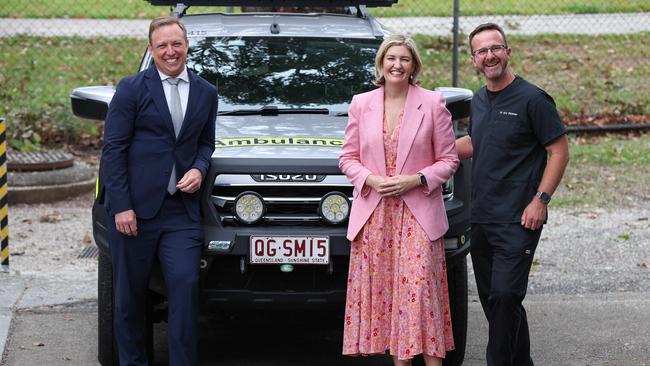 Premier Steven Miles and Health Minister Shannon Fentiman hold a press conference at Kenmore Ambulance Station with Dr Eric Richman, Labor for Moggill. Picture: Adam Head