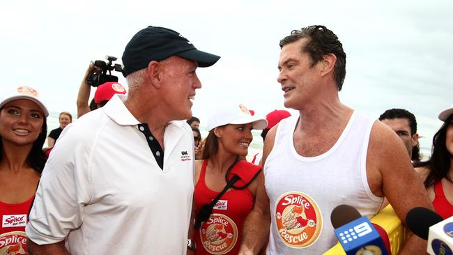 Warren Young meets Baywatch TV star David Hasselhoff during a promotional visit to Main Beach.