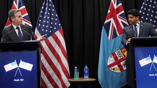 US Secretary of State Antony Blinken with Fiji's Acting Prime Minister, Aiyaz Sayed-Khaiyum, in Nadi, Fiji on Saturday. Picture: AFP