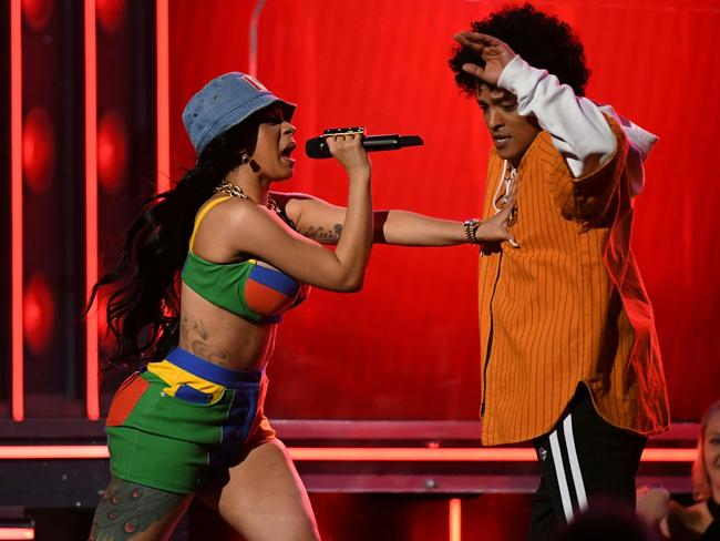 Cardi B and Bruno Mars perform their hit <i>Finesse </i>during the 2018 Grammy’s. Picture: AFP