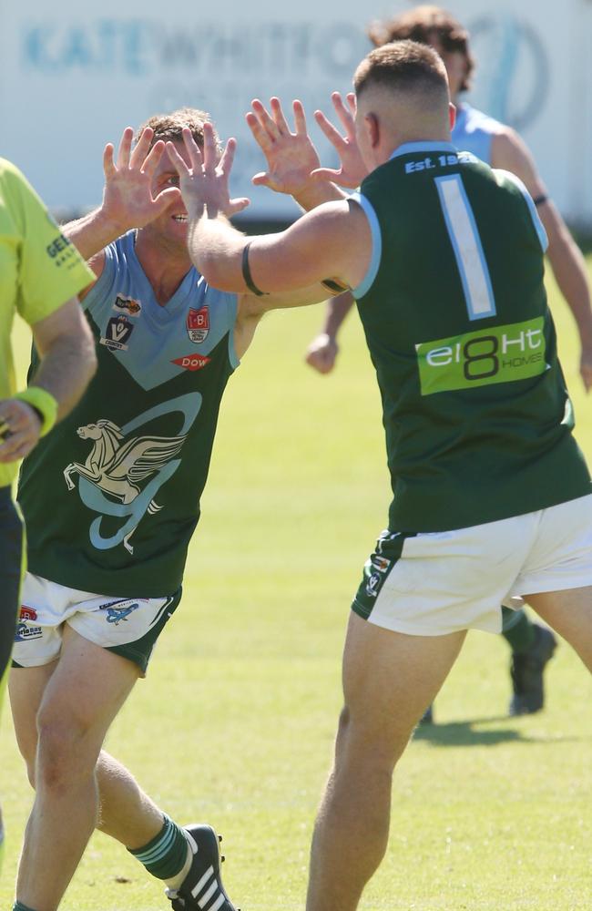 Bayden Fallon (right) celebrates a goal with a teammate. Picture: Mark Wilson