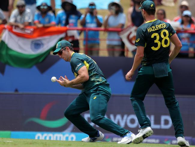 Mitchell Marsh fumbled in the field on several occasions. Picture: Pankaj Nangia-ICC/ICC via Getty Images