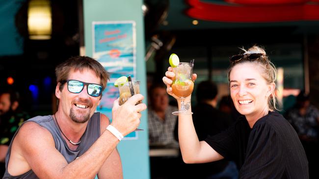 Rick Conway and Gabby Brady knock back a Bullfighter at Monsoons Restaurant and Party Bar, Darwin. Picture: Che Chorley