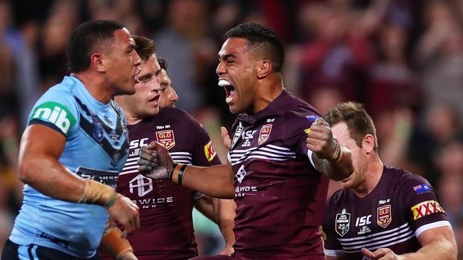 BRISBANE, AUSTRALIA - JUNE 05: Joe Ofahengaue of the Maroons and team mates celebrate a disallowed try during game one of the 2019 State of Origin series between the Queensland Maroons and the New South Wales Blues at Suncorp Stadium on June 05, 2019 in Brisbane, Australia. (Photo by Cameron Spencer/Getty Images)