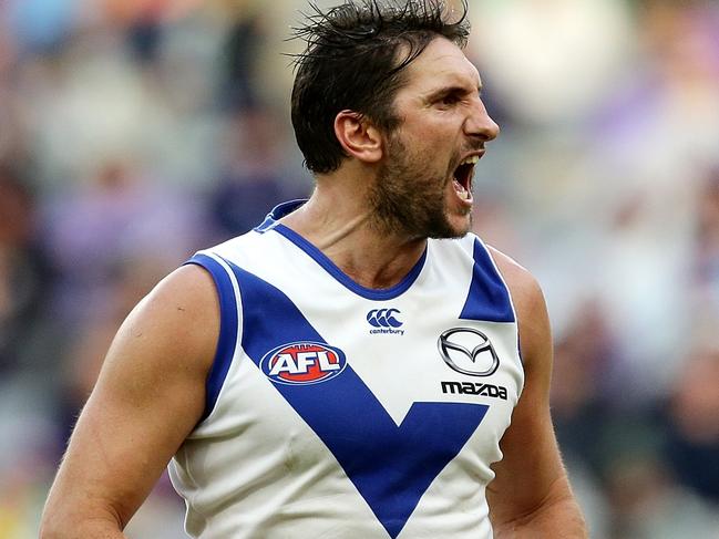 PERTH, WESTERN AUSTRALIA - MAY 27:  Jarrad Waite of the Kangaroos celebrates after scoring a goal during the round 10 AFL match between the Fremantle Dockers and the North Melbourne Kangaroos at Optus Stadium on May 27, 2018 in Perth, Australia.  (Photo by Will Russell/AFL Media/Getty Images)