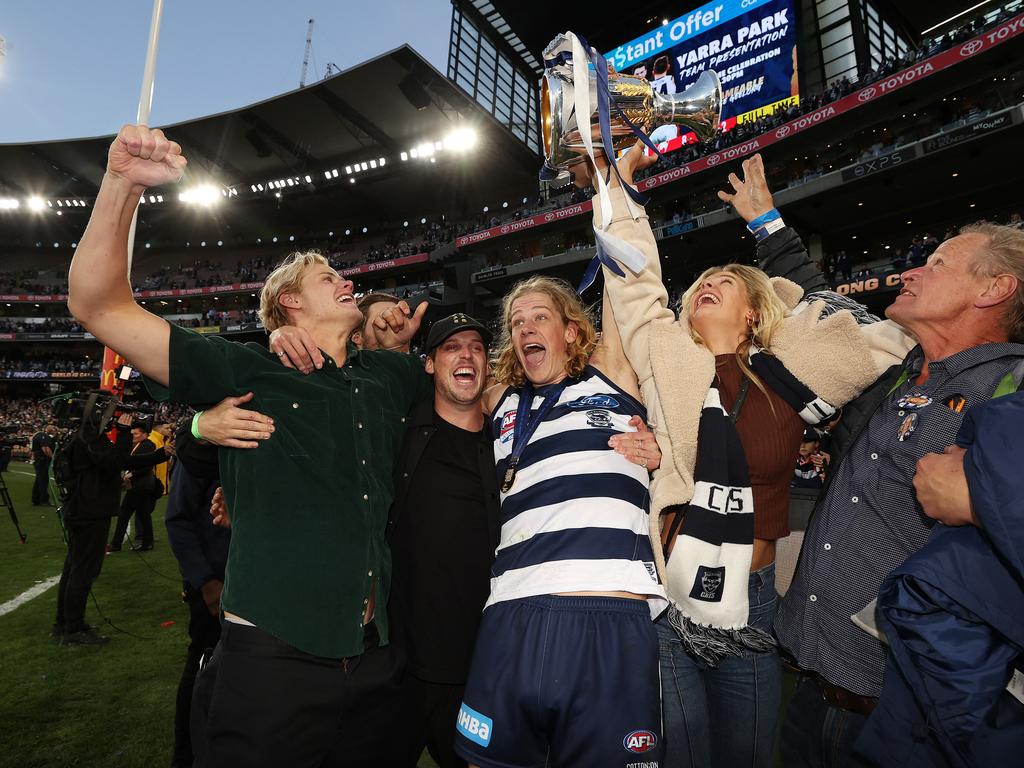 Sam De Koning of the Geelong Cats celebrates the win. Picture: Mark Stewart