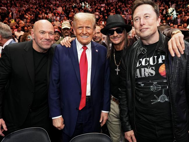 NEW YORK, NEW YORK - NOVEMBER 16: (L-R) Joe Rogan, President-elect Donald Trump, Kid Rock and Elon musk pose for a photo during the UFC 309 event at Madison Square Garden on November 16, 2024 in New York City. (Photo by Chris Unger/Zuffa LLC)