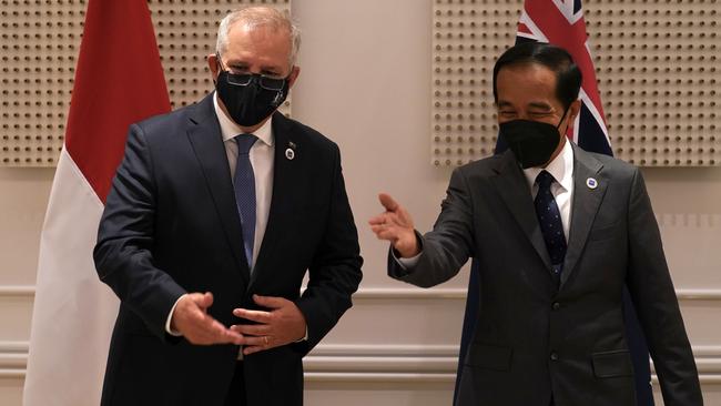 Australian Prime Minister Scott Morrison holds a bilateral meeting with the President of the Republic of Indonesia HE Joko Widodo at the G20 in Rome. Picture: Adam Taylor