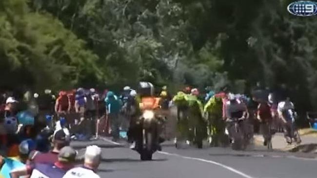 Simon Gerrans comes down in a crash just 500m from the finish line yesterday. Picture: Nine News Adelaide.