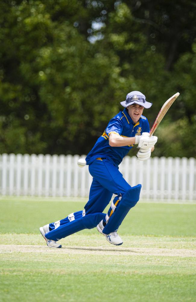 Charlie Lachmund bats for Toowoomba Grammar School (TGS) against Brisbane Boys College (BBC) in round 1 GPS Competition 1st cricket at Mills Oval, TGS, Saturday, February 1, 2025. Picture: Kevin Farmer