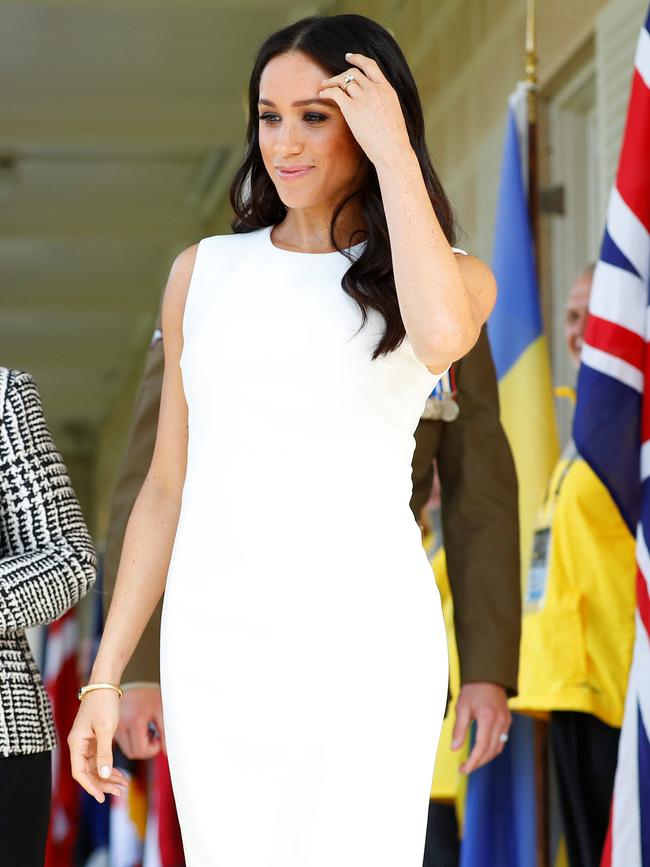 Meghan, Duchess stepped out in an $1800 ivory shift dress. Picture: Getty