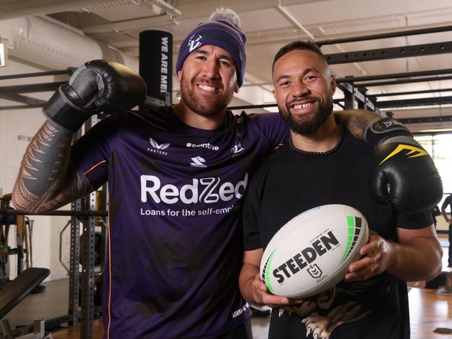 Former heavyweight champion Joseph Parker with Melbourne Storm enforcer Nelson Asofa-Solomona. Photo by No Limit Boxing.