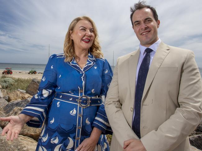 City of Holdfast mayor Amanda Wilson is the new Liberal candidate for seat of Black which David Speirs has left, pictured with Liberal Leader Vincent Tarzia at the Brighton and Seacliff Yacht Club. 12th October 2024. Picture: Brett Hartwig