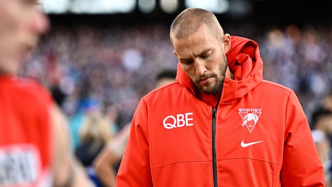 MELBOURNE, AUSTRALIA - SEPTEMBER 24: Sam Reid of the Swans looks upset after the loss during the 2022 Toyota AFL Grand Final match between the Geelong Cats and the Sydney Swans at the Melbourne Cricket Ground on September 24, 2022 in Melbourne, Australia. (Photo by Daniel Carson/AFL Photos via Getty Images)