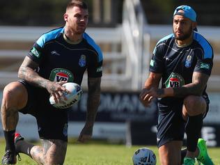 KINGSCLIFF, AUSTRALIA - MAY 25:  Josh Dugan and Blake Ferguson talk  during a New South Wales Blues State of Origin training session at Cudgen Leagues Club on May 25, 2017 in Kingscliff, Australia.  (Photo by Chris Hyde/Getty Images)