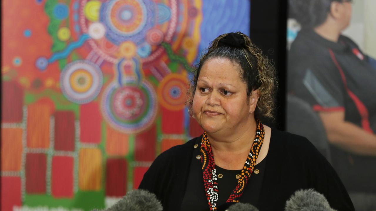 Mayor Elvie Sandow talks to media in Cherbourg. Picture Lachie Millard