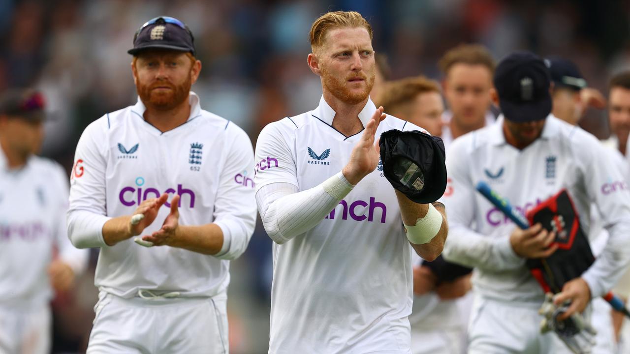 MANCHESTER, ENGLAND - AUGUST 27: England captain Ben Stokes leads his team after his side's innings and 85 runs win during day three of the LV= Insurance 2nd Test match between England and South Africa at Old Trafford on August 27, 2022 in Manchester, England. (Photo by Michael Steele/Getty Images)