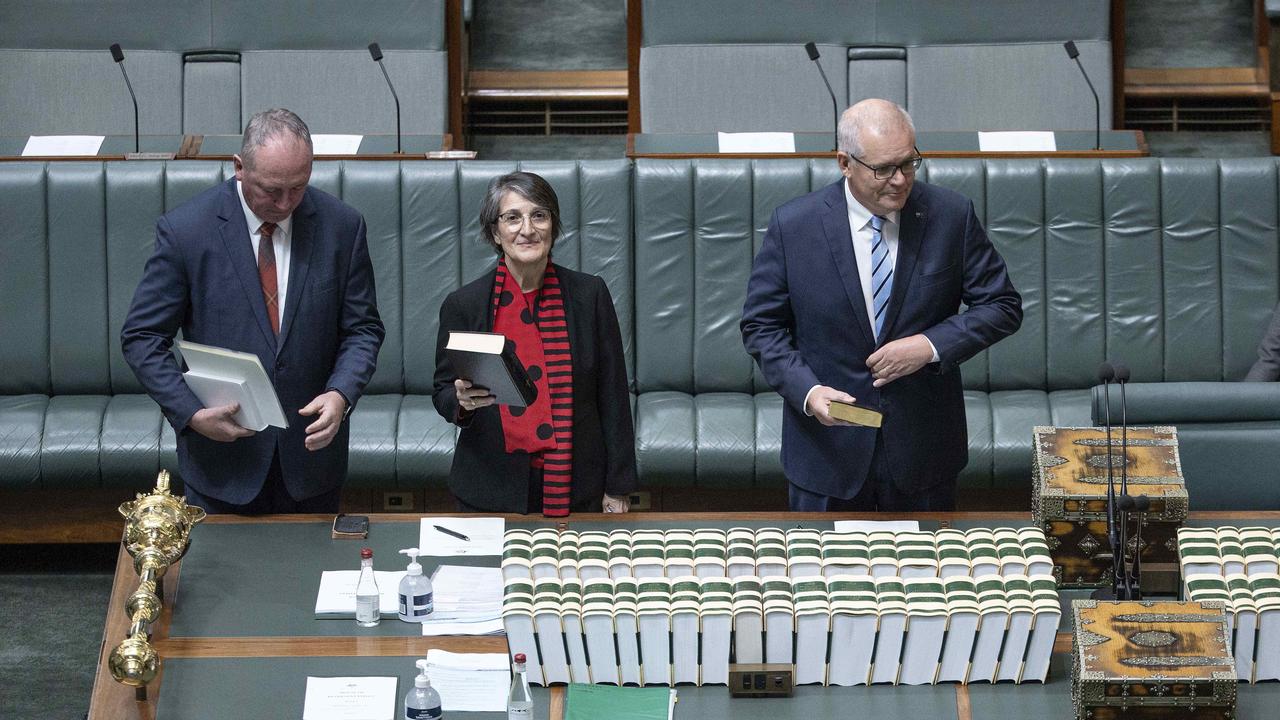 Mr Morrison was sworn in with Maria Vamvakinou and Barnaby Joyce, after skipping the first week of Parliament for a business trip in Japan. Picture: NCA NewsWire/Gary Ramage