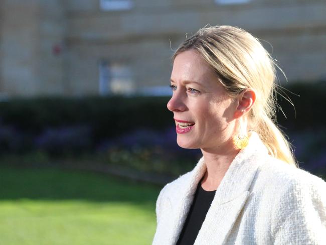 Labor leader Rebecca White speaks to the media about the state's Covid situation in Hobart on Monday.