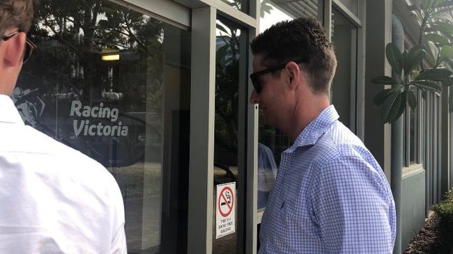 Jockey Jarrod McLean arrives at Thursday night’s meeting at Racing Victoria. Picture: Twitter/Alicia Muling