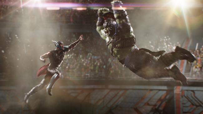 Thor (Hemsworth) and Hulk (Mark Ruffalo) are reunited in an arena gladiator battle on the planet of Sakaar in Thor: Ragnarok. Picture: Marvel/Disney