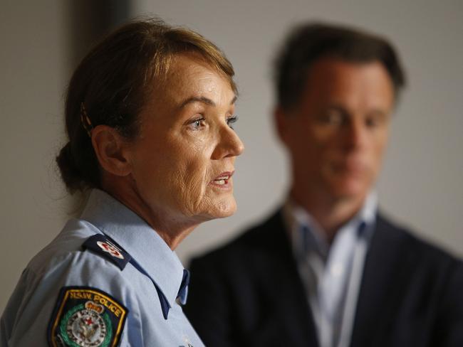 NSW Police Commisssioner Karen Webb speaks as Premier Chris Minns watches at a press conference after an anti-semitic act of malicious damage in Dover Heights, where a car was burned and a house sprayed with red paint. Picture: NewsWire / John Appleyard