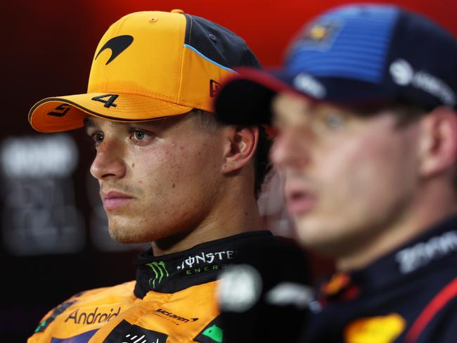 CORRECTED VERSION: SAO PAULO, BRAZIL - NOVEMBER 02: Sprint winner Lando Norris of Great Britain and McLaren and Third placed Max Verstappen of the Netherlands and Oracle Red Bull Racing, later demoted to 4th placed, attend the press conference after the Sprint ahead of the F1 Grand Prix of Brazil at Autodromo Jose Carlos Pace on November 02, 2024 in Sao Paulo, Brazil. (Photo by Lars Baron/Getty Images)